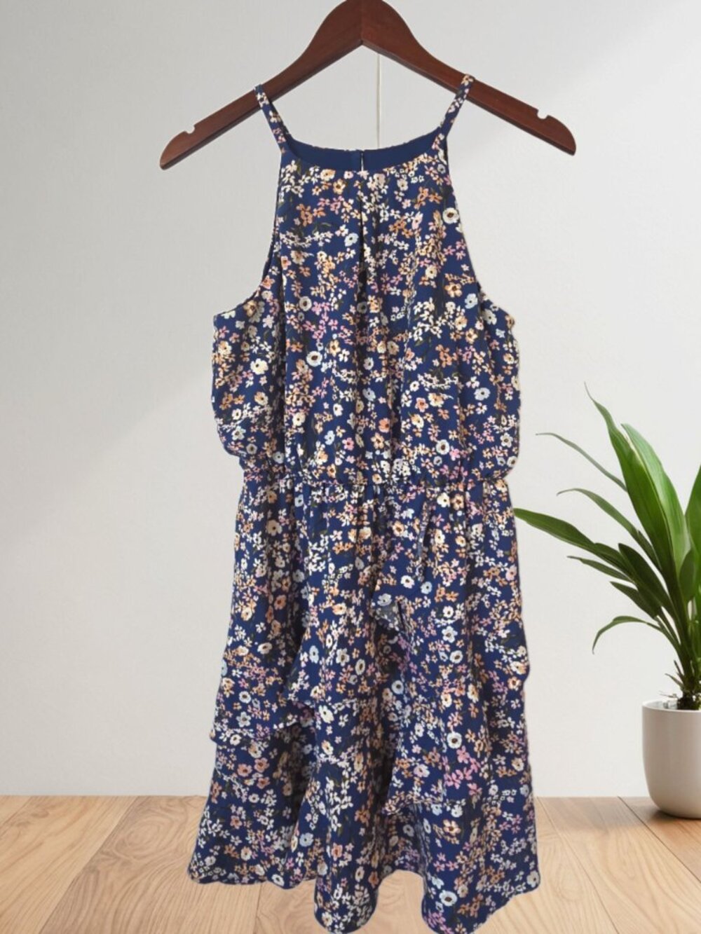 I.N San Francisco Navy Floral Ruffle Midi Dress (Women’s M)